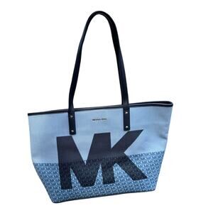 NEW Michael Kors Carter Denim Open Tote – XL – Blue – Designer Logo Print $228